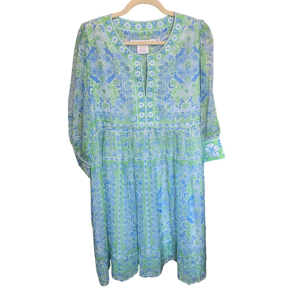 Gretchen Scott Borderline Watteau Dress Green Blue 3/4 Sleeve Preppy Airy Large
